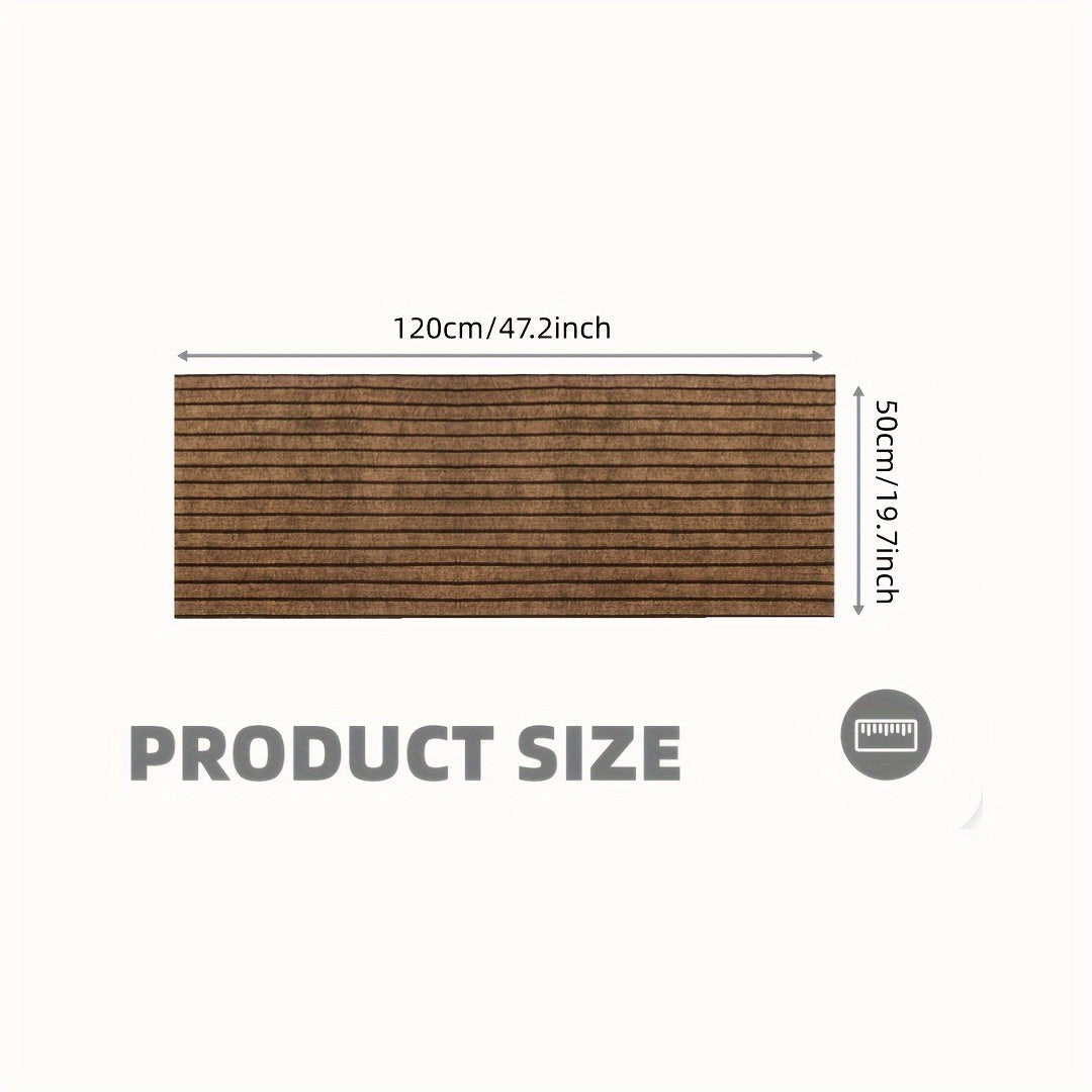 One piece of rectangular kitchen carpet measuring 1.8m x 0.9m. Features include non-slip, oil resistant, waterproof, and easy to maintain polyester fiber material with low pile. The carpet is machine washable and has a striped pattern, making it a