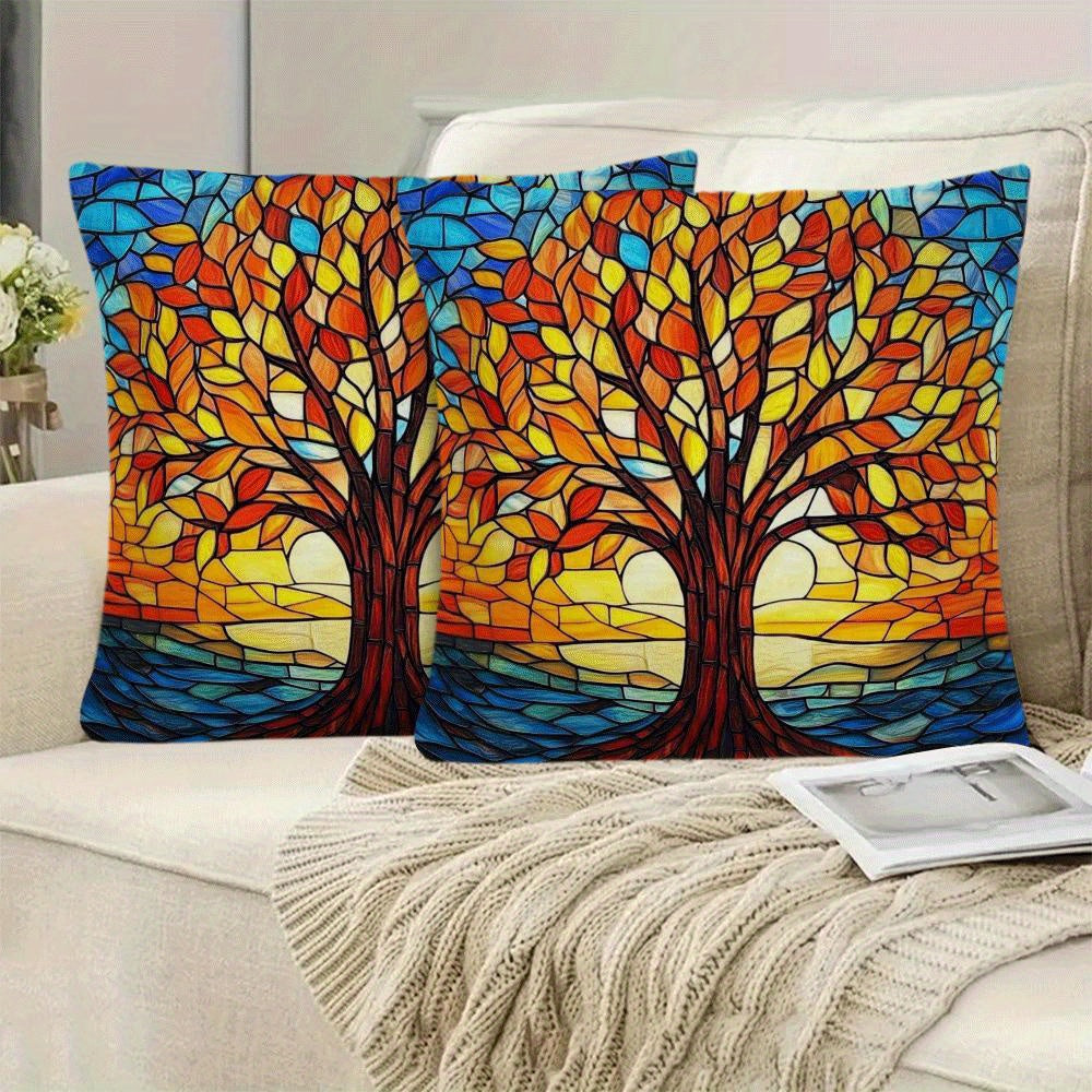 Two pieces of Autumn Tree of Life plush pillow covers measuring 45.72x45.72cm - Suitable for use on sofa, bedroom, and outdoor spaces. Features zip closure and is machine washable.