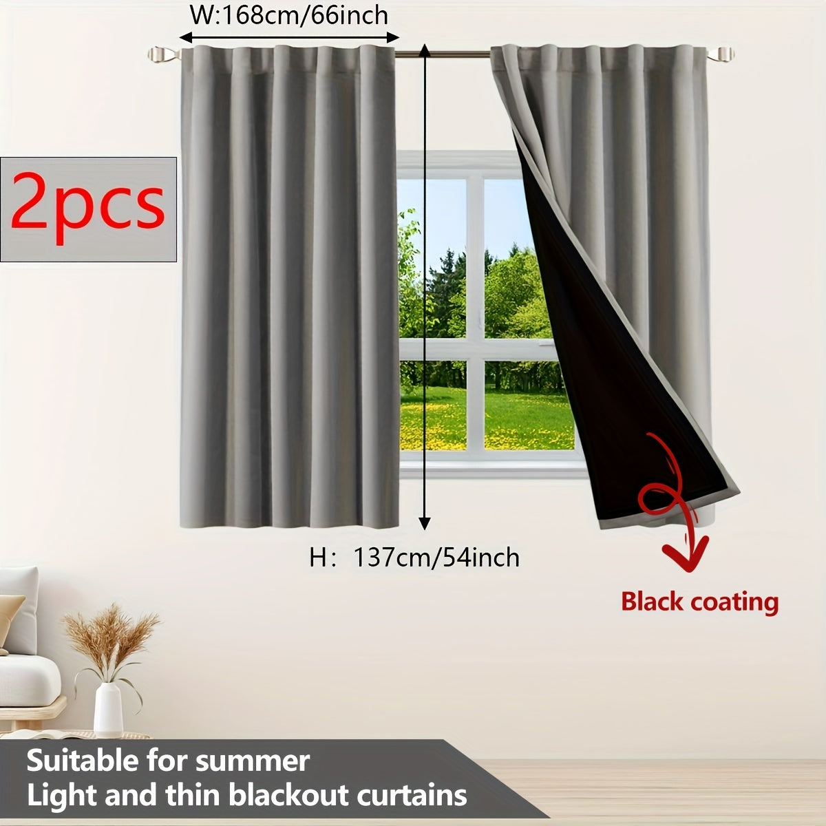 Two pieces of contemporary blackout curtains made from thermal insulated twill weave polyester. They are designed to reduce noise and block out light, making them perfect for the living room, bedroom, or study. These curtains feature a hook and ring rod