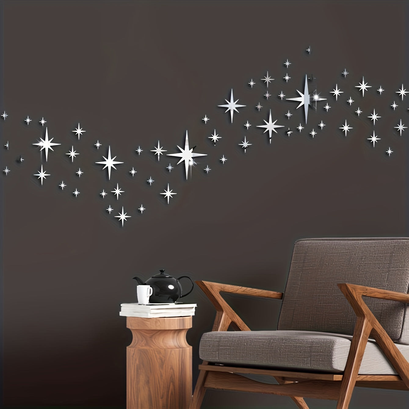 Box of 82 acrylic star mirror stickers for creative wall and ceiling decor.