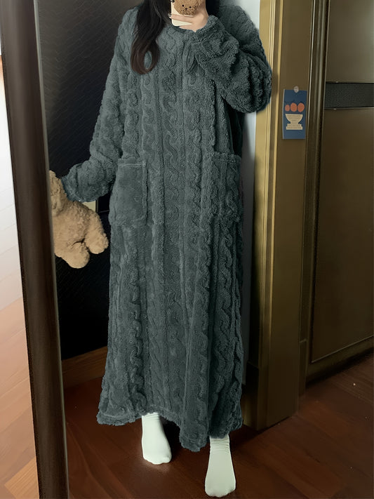 Women's fleece-lined long sleeve nightgown with cable knit texture - ideal for Fall/Winter.