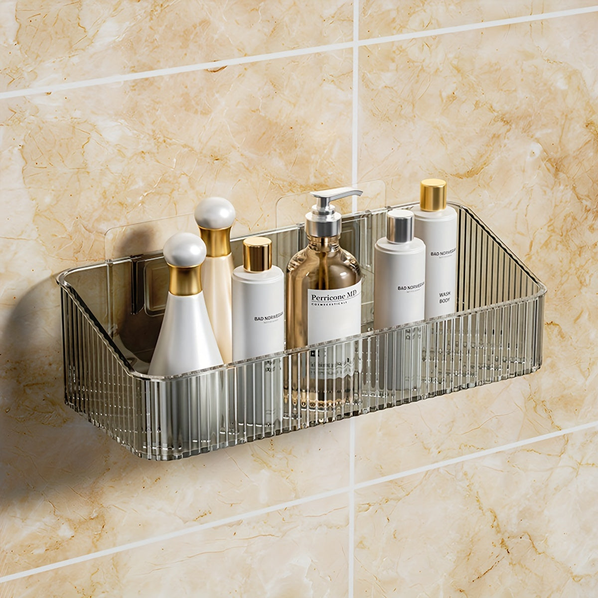 Sleek wall-mounted bathroom storage rack with transparent plastic shelves for toiletries. Easy, no-drill installation for marble bathrooms.