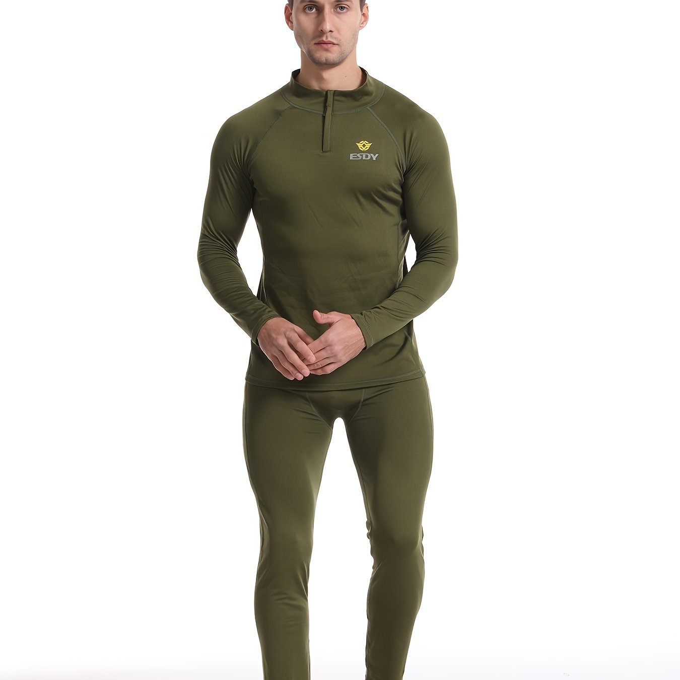 ESDY Men's Combat Shirt and Camo Leggings Set made of high-stretch knit fabric with zipper detail. Slim fit, long sleeve, made of 90% polyester and 10% spandex. Ideal for hiking and outdoor