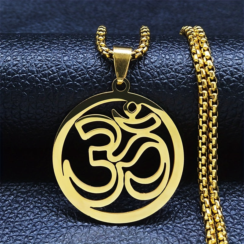 Stainless Steel Yoga Om Symbol Pendant Necklace - Elegant Buddhist Emblem Jewelry for Everyday Wear and Gift Giving