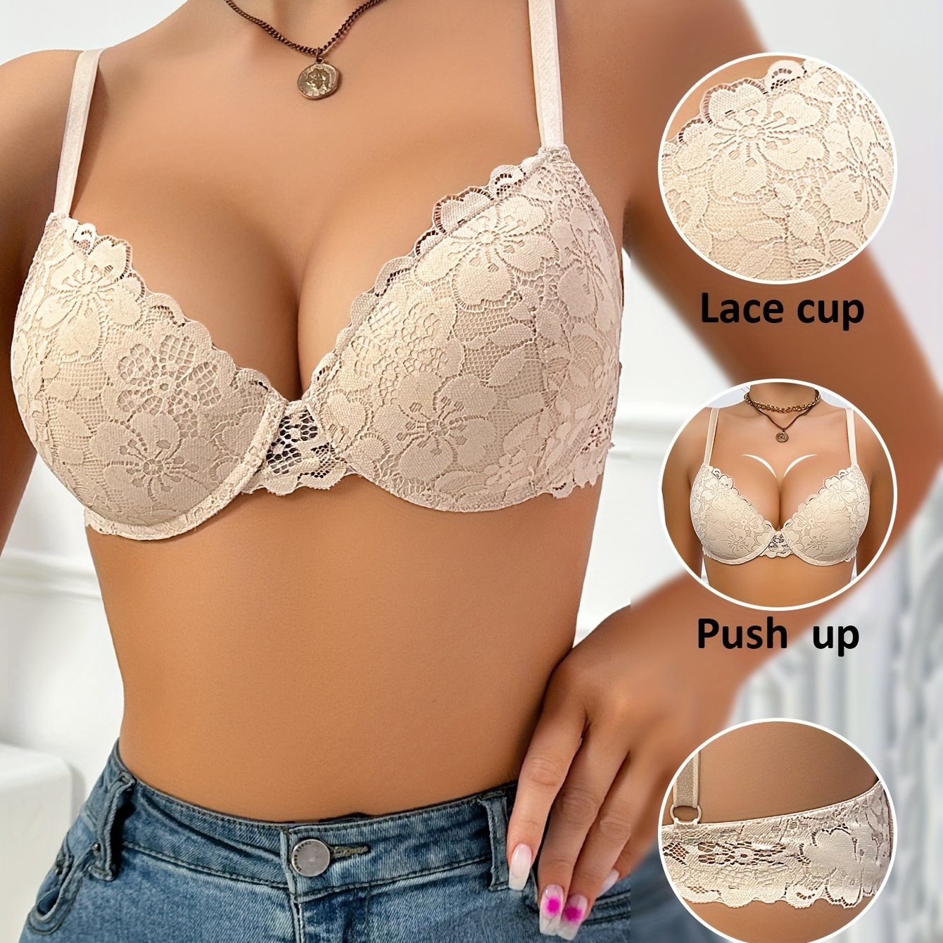 Comfortable lace push-up bra with underwire support, non-removable pads, made of nylon and elastane, hand wash only.