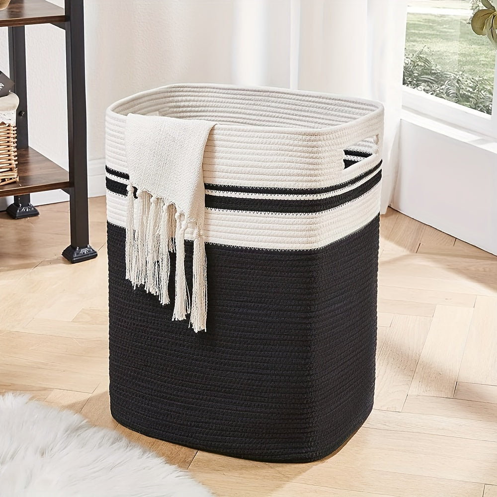 This large cotton rope laundry basket with handles is perfect for storing clothes and blankets in style. It's ideal for organizing your living room or bedroom and is suitable for ages 14 and up. Made of durable cotton material, this decorative woven