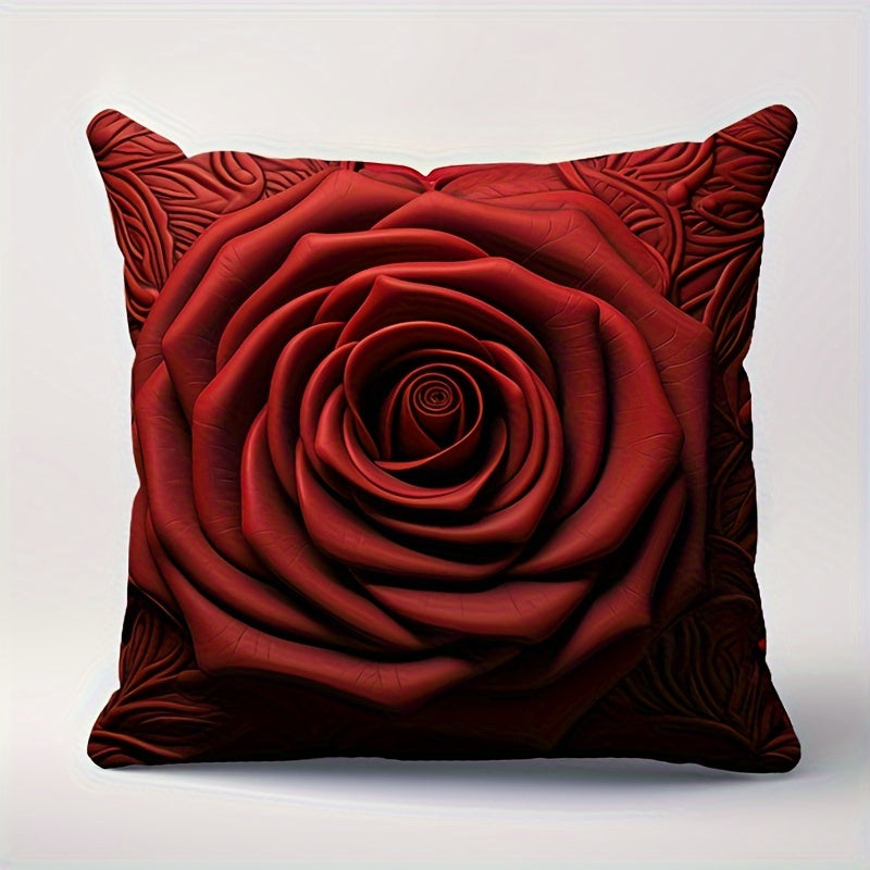 Valentine's Day themed red rose pillow cover with floral heart design. Polyester blend, zippered cushion case for sofa, bed, or office chair. Hand wash only. Contemporary style home decor.