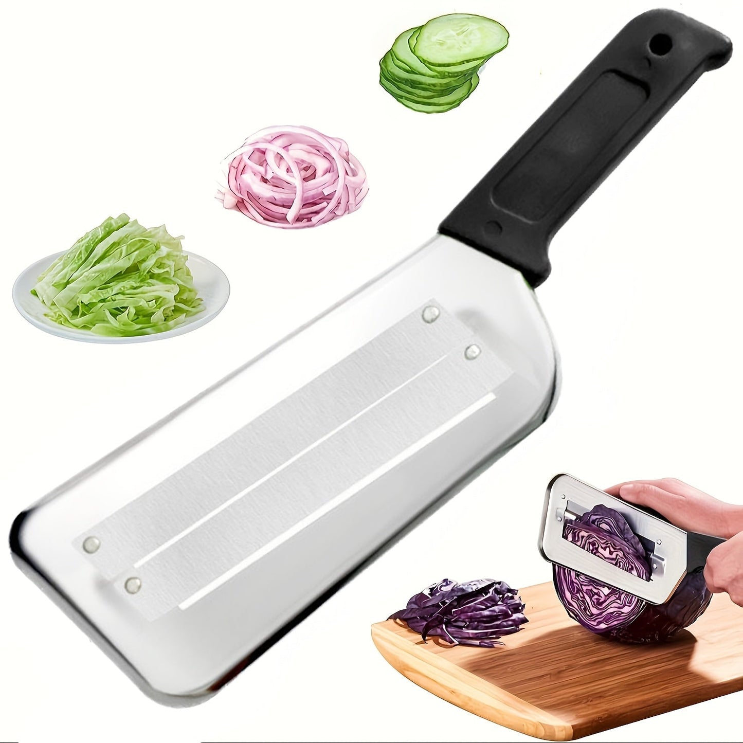 Get your hands on the 1pc Stainless Steel Manual Cabbage Slicer, a sharp blade vegetable shredder perfect for making sauerkraut, coleslaw, and salad. This durable metal cutter features an ergonomic handle for easy use, and best of all, no power is