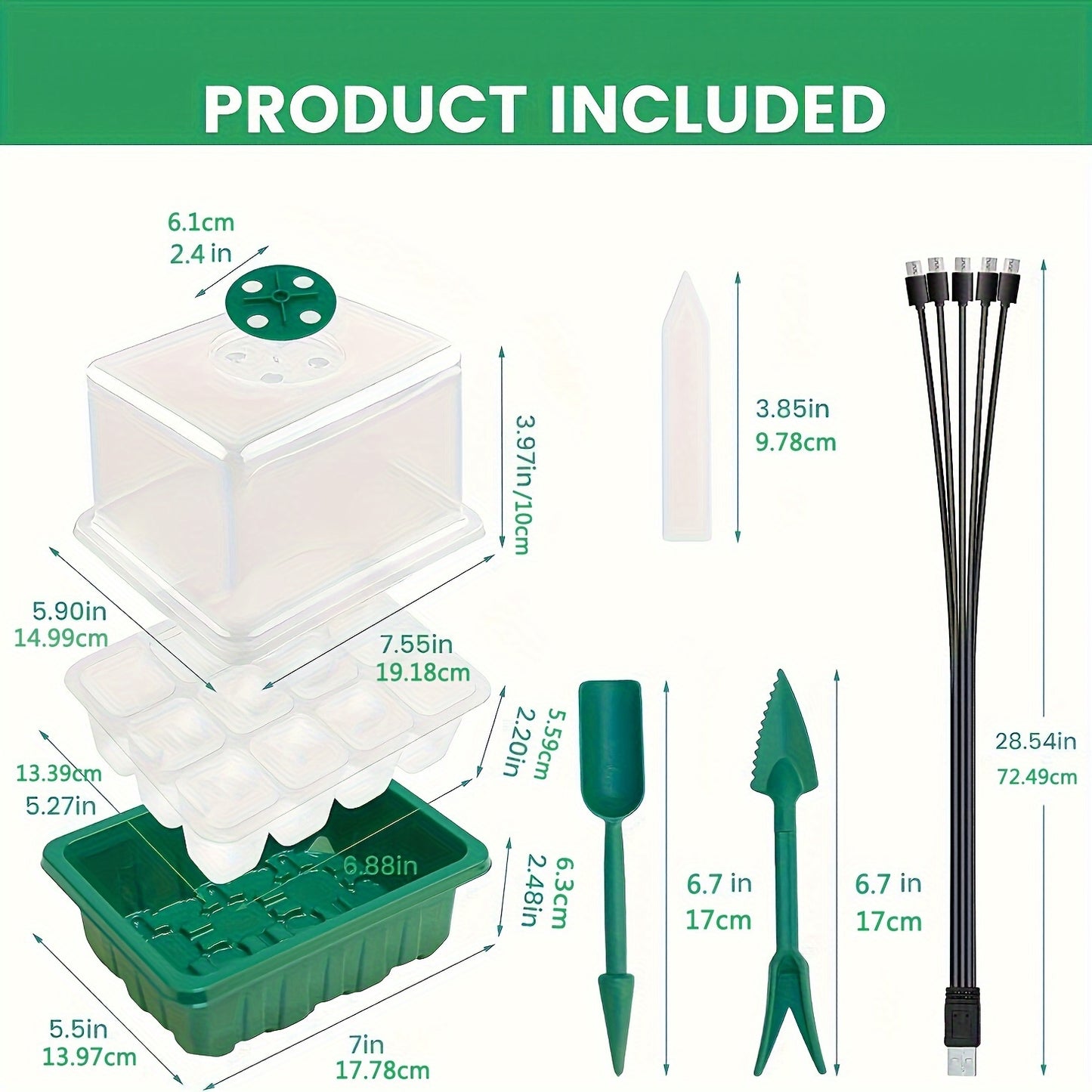 Seed starter trays with grow lights are available in packs of 1, 2, 4, or 5 and include humidity domes and bases for indoor greenhouse seed growth, with each tray containing 12 cells.