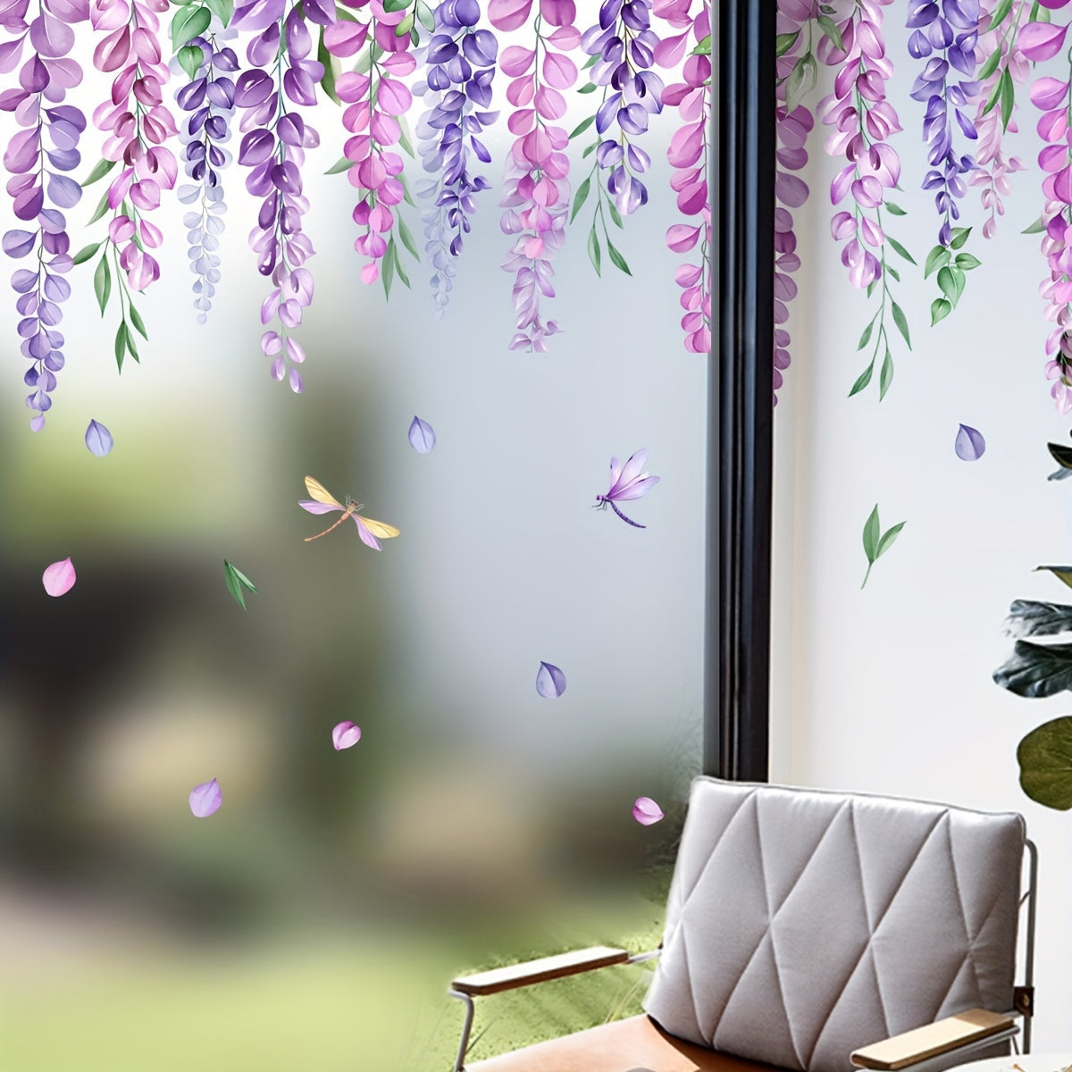 Wisteria Flower Vine Pattern Static Cling Window Film - Decorative Privacy Glass Sticker for Living Room - Reusable PVC Decal - 5mil Thickness - 1 Sheet (30x90cm)