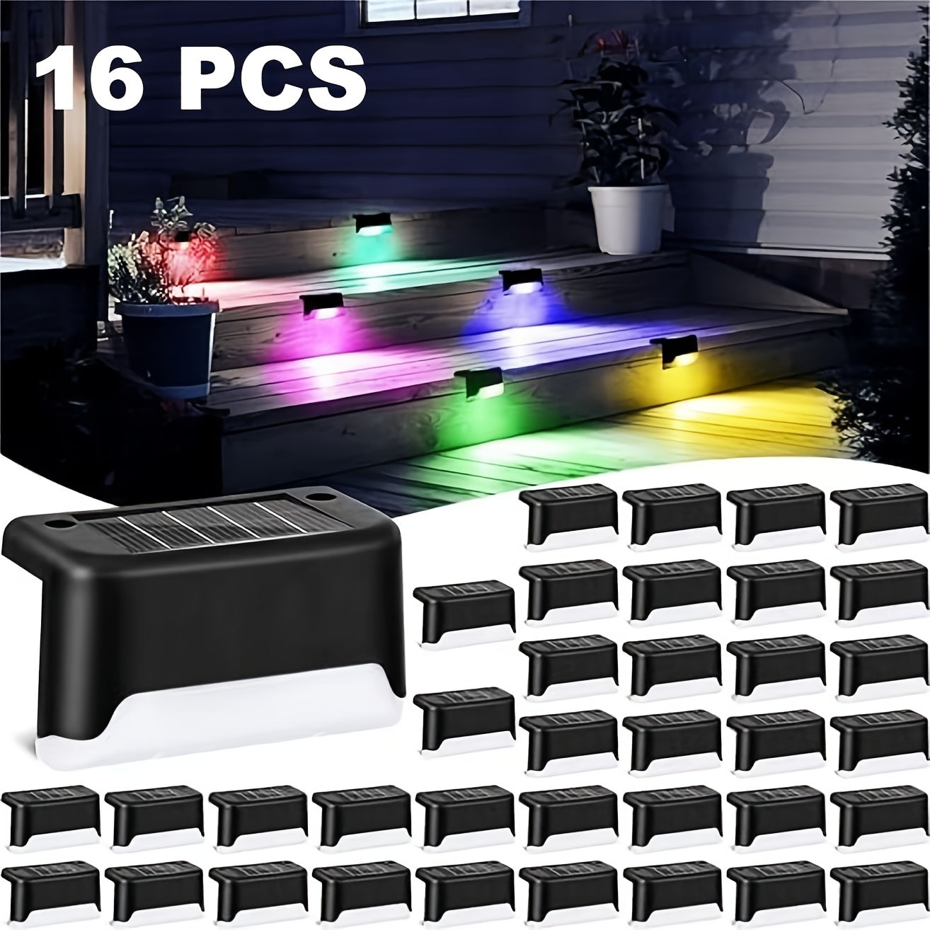 16/12/4pcs Solar Step Light for Outdoor LED Deck Stair, with multiple color options.