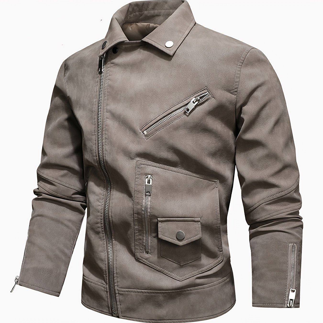 Vintage style men's jacket with long sleeves, zipper closure, pockets, polyester lining, and regular fit for outdoor activities.