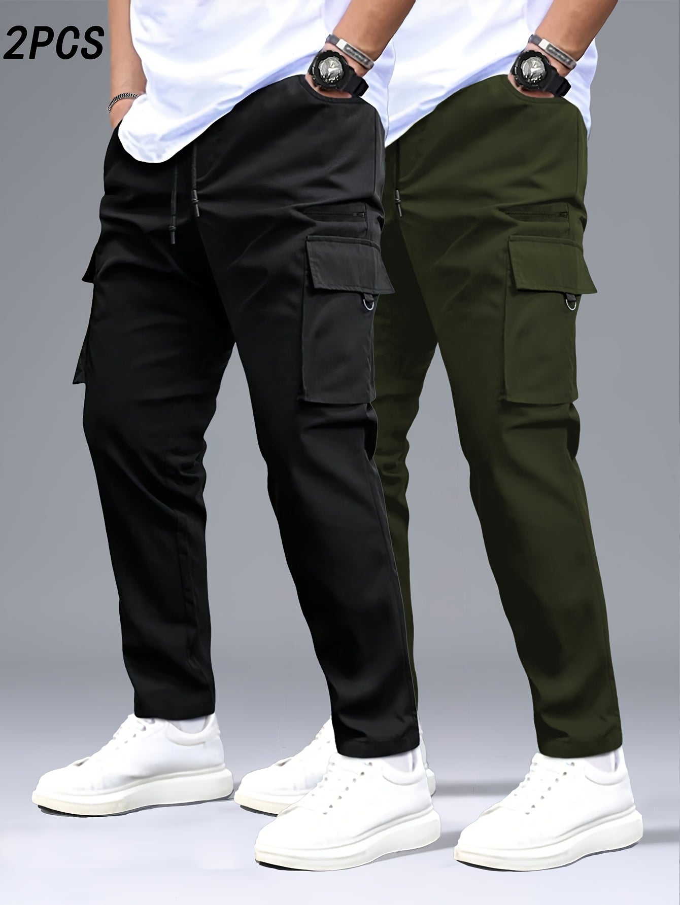 2 men's cargo pants in black and gray with drawstring waist, multiple pockets, made of durable polyester. Perfect for outdoor activities and casual wear.