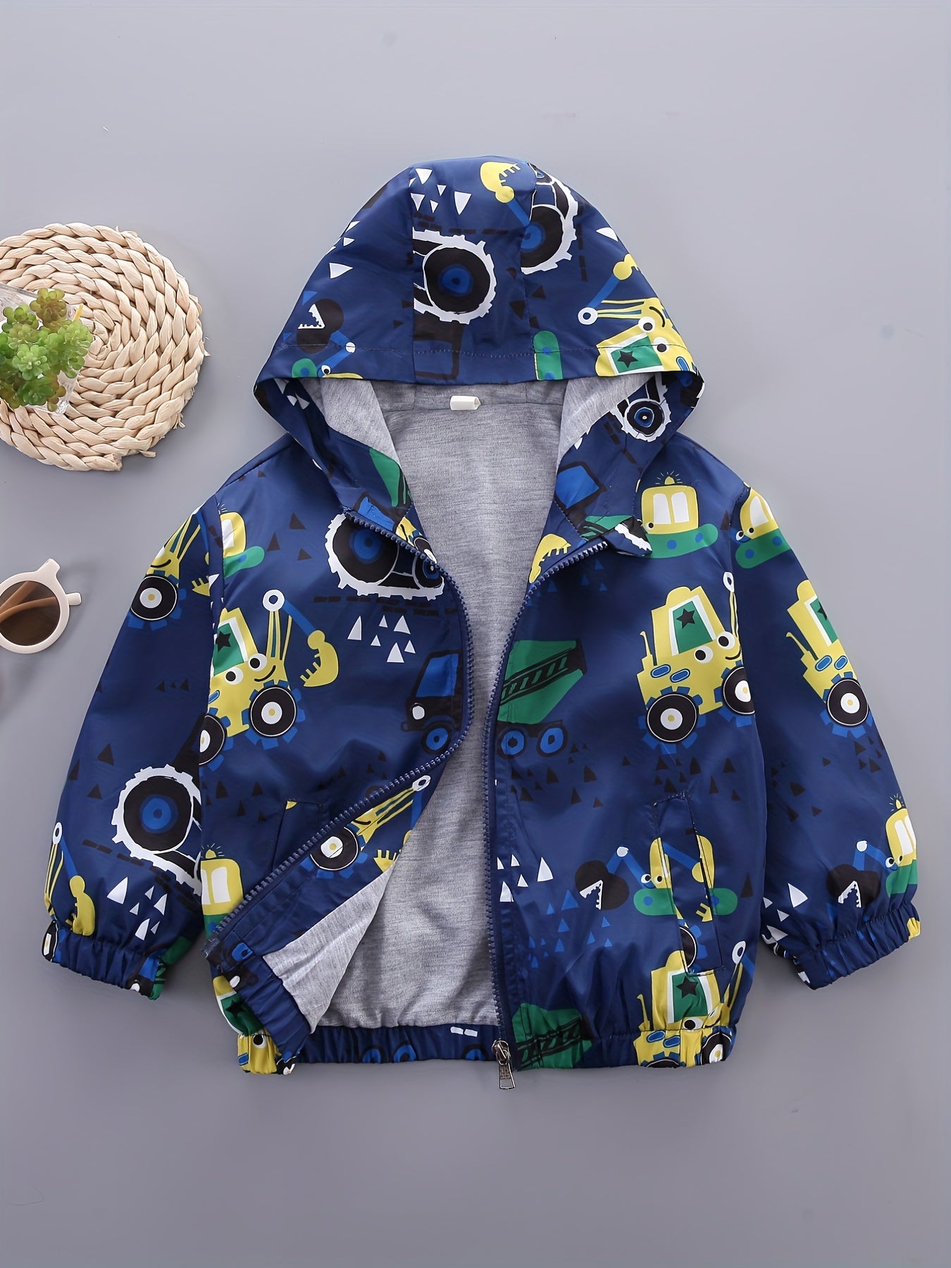 Gray Excavator Print Kids Hooded Jacket for Girls and Boys