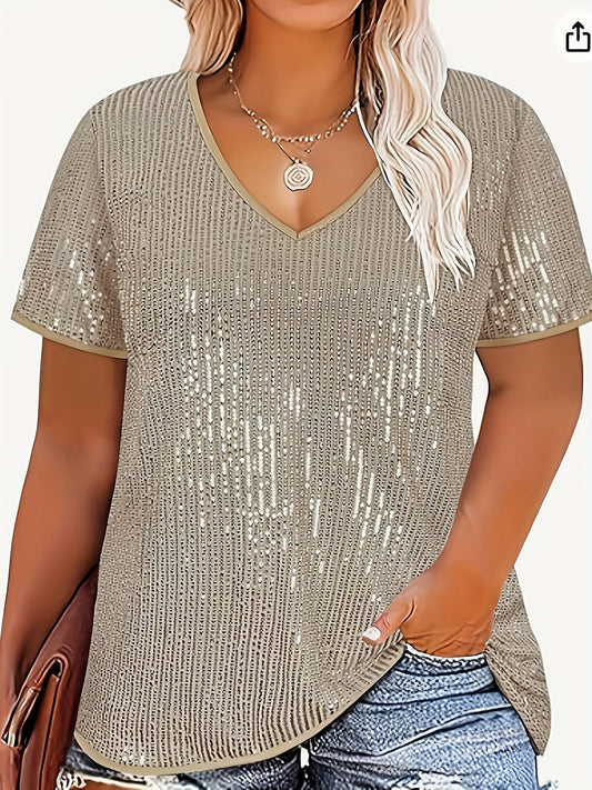 Plus size sequin V-neck blouse in golden yellow with glittery textured fabric. Perfect for spring, summer, and fall. Made of polyester sequin fabric.