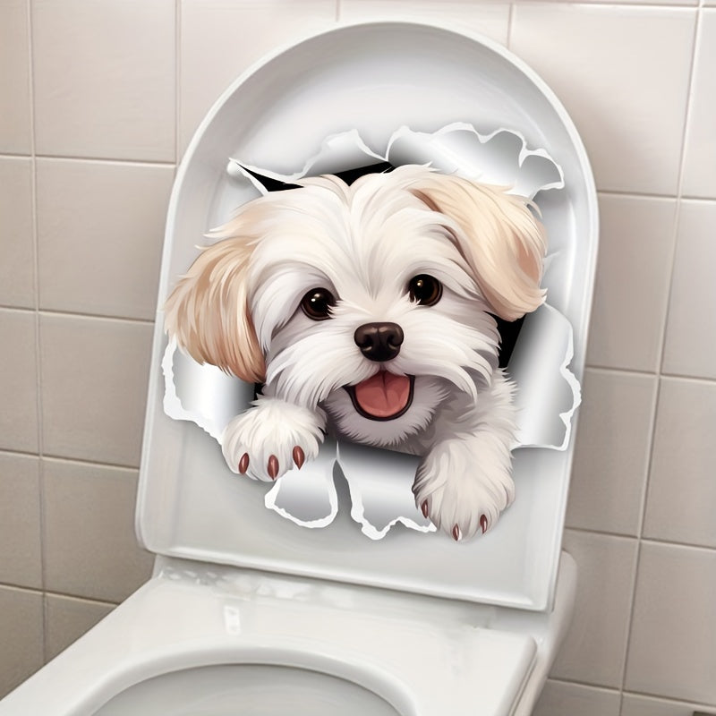 White dog toilet decal for easy stick and removal, ideal for home decor.