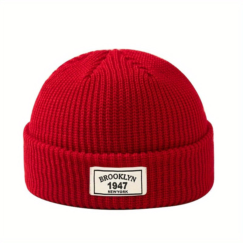 Knitted beanie for men - warm and elastic winter hat with letter patch, perfect for active leisure and holiday gifting, including Valentine's Day.