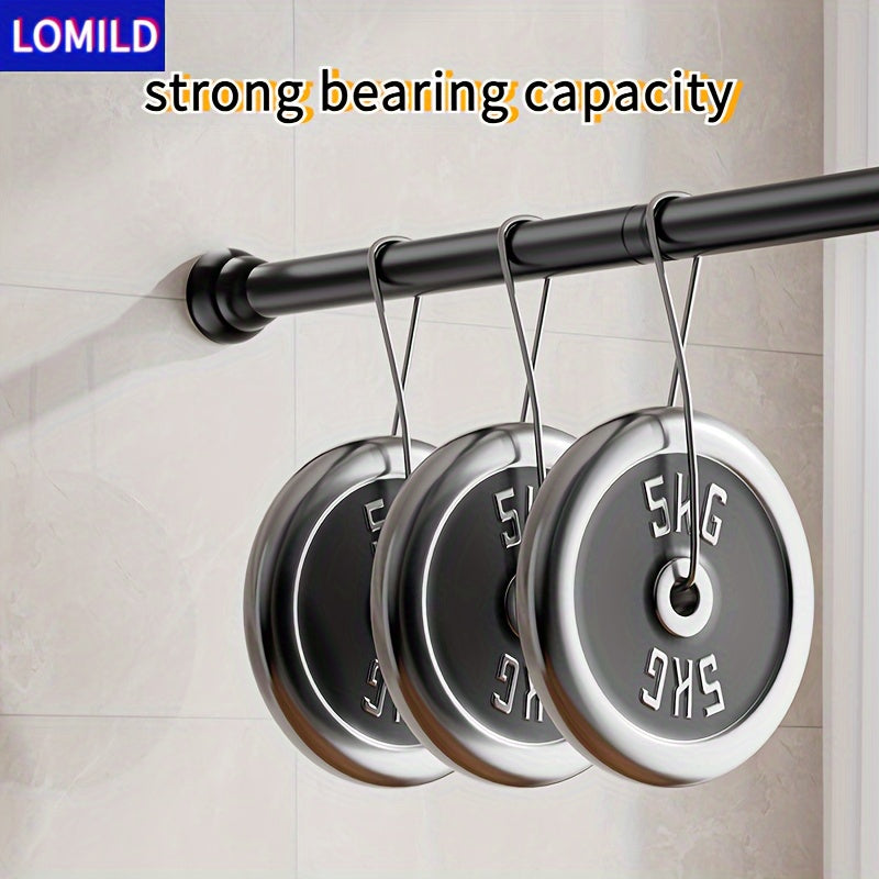 Lomild stainless steel tension shower curtain rod in black, extendable for hanging clothes or curtains without drilling, suitable for use in bedroom, bathroom, or balcony.