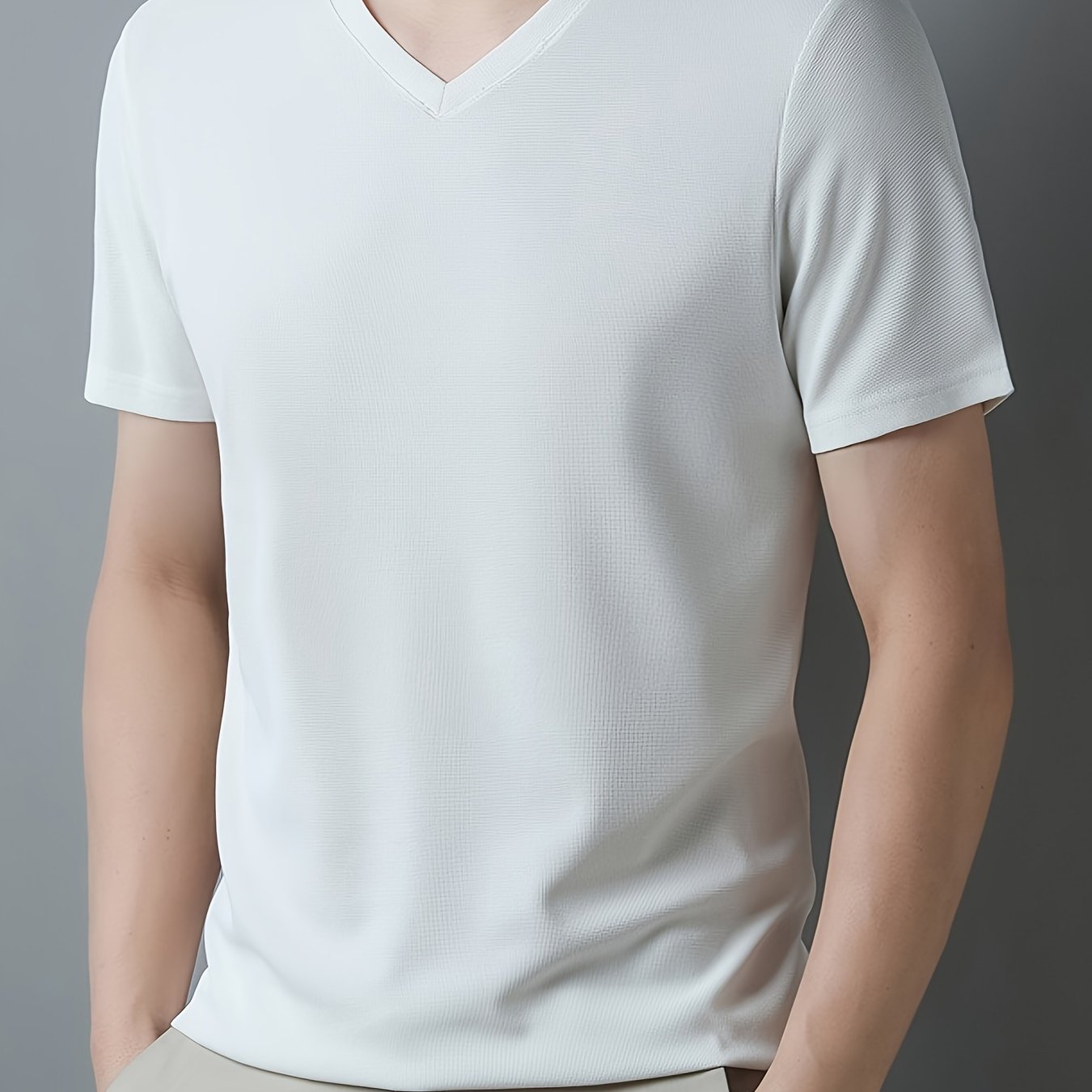 Men's casual short sleeve V-neck tee for summer outdoor wear.