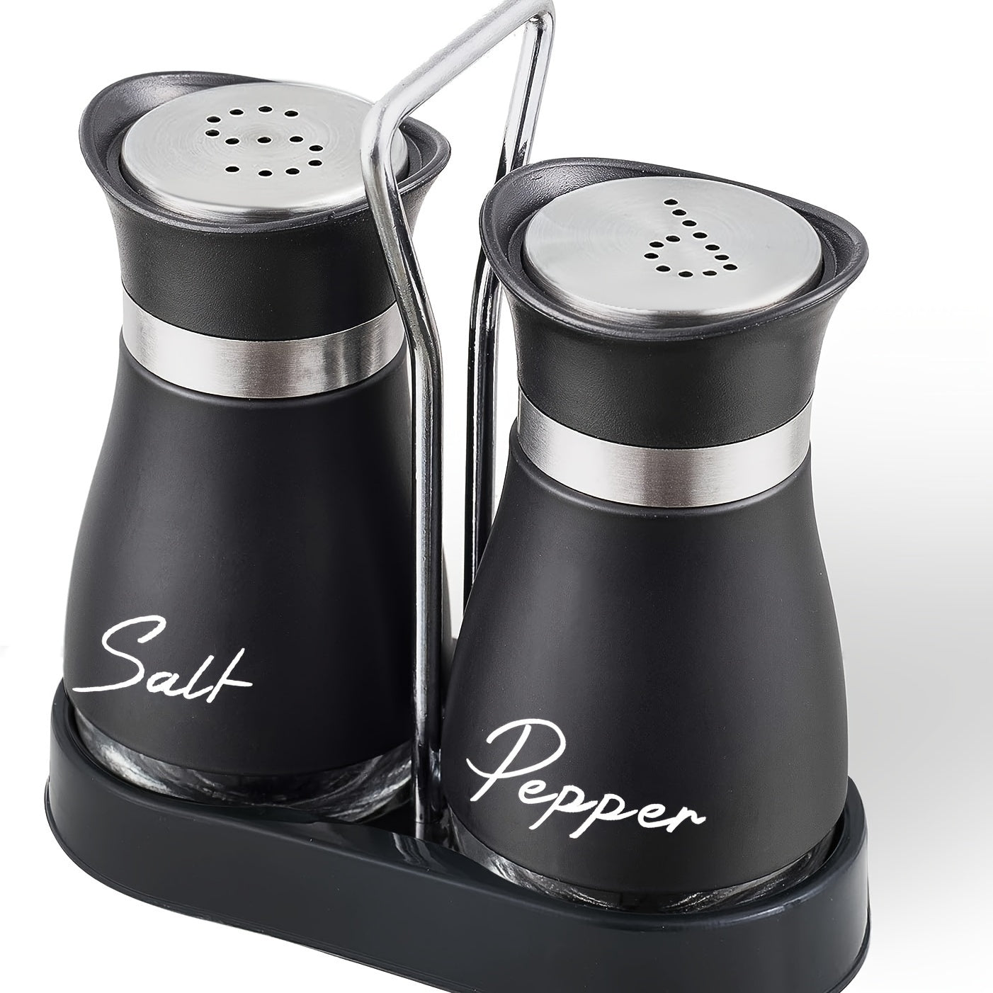 Set of 2 Glass Salt and Pepper Shakers with Holder - 4 oz Refillable Stainless Steel Lidded Spice Dispensers, Perfect for Kitchen, Home, RV, Camping, BBQ - Patterned Shaker Pots for Farmhouse Decor, Wedding Gift