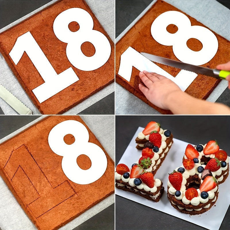 This set includes 9 pieces of PET cake molds in the shape of numbers 0-8, perfect for cake decorating and confectionery making. These tools are ideal for creating birthday cakes and pastries, with sizes ranging from 10.16 to 35.56cm. Use them for your