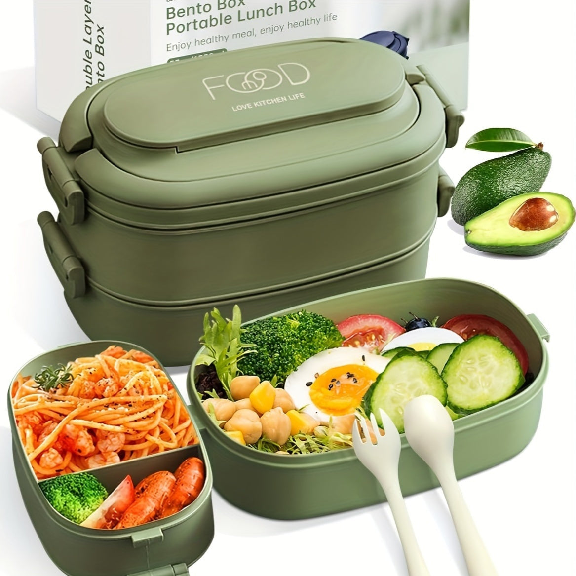 Stackable Bento Lunch Box Set for Adults - Leakproof and Portable with Compartments, 1550ml Capacity, Microwave Safe, Includes Spoon & Fork, Made of Polypropylene Material, Air Release Plug and Flexible Buckle for Safe Food Contact - Perfect for Work and