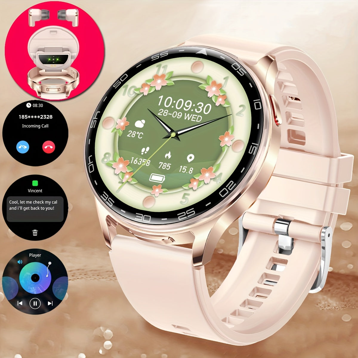 Women's smartwatch with built-in wireless earphone, call answering, music, multiple sports modes, fitness tracking, and a stylish design. Ideal gift for girlfriends and wives.