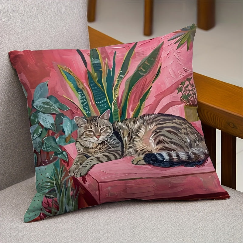 One piece of Glam Style Throw Pillow Cover featuring an Oil Painting Cat & Tropical Plants Print. This Machine Washable Polyester Decorative Cushion Case measures 44.96cm and comes with a Zipper. Perfect for use on the Sofa, Bed, or Car.