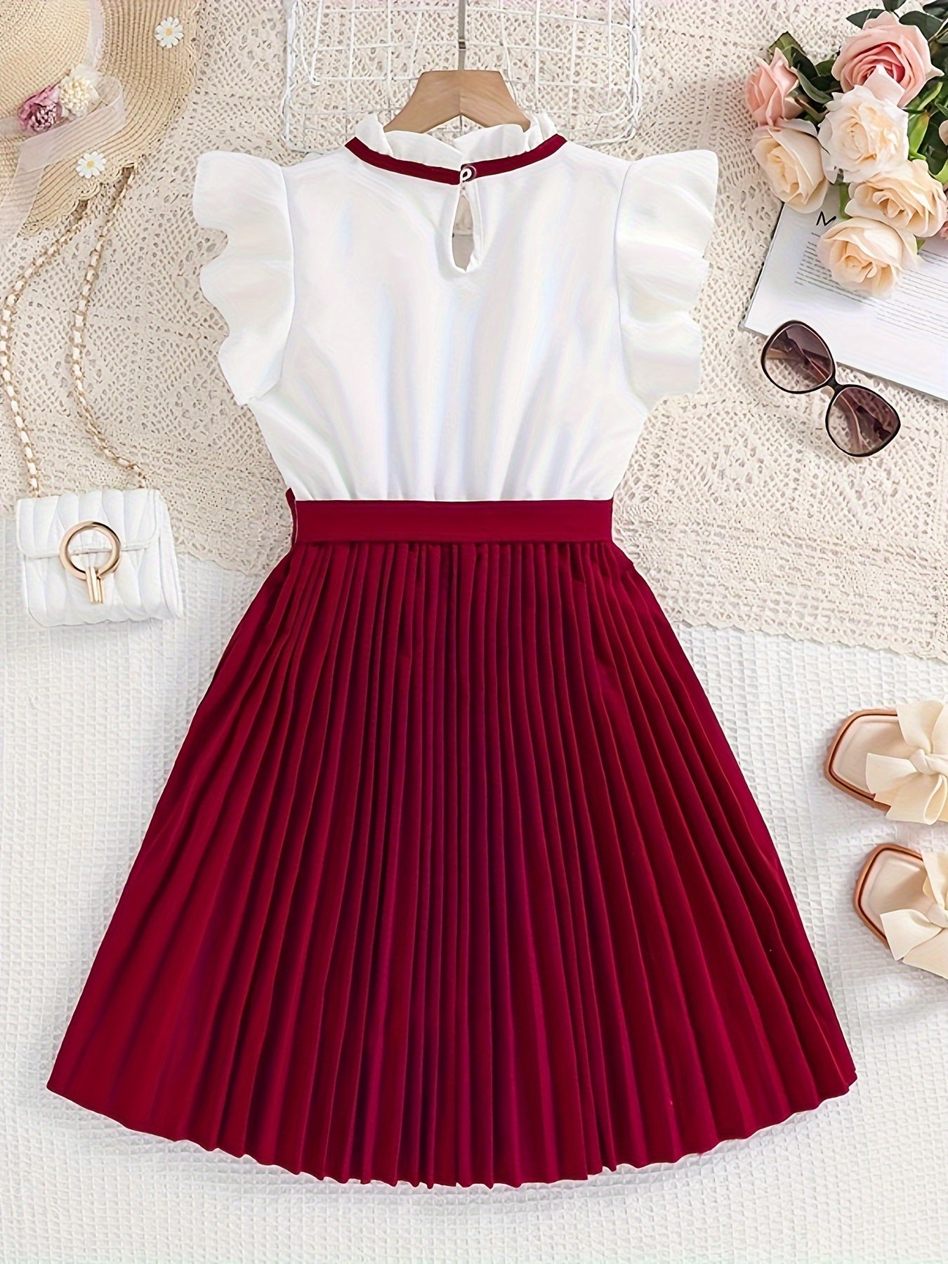 Stylish Color-Blocked Pleated Dress for Girls - Perfect for Parties, Outings, Summer