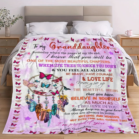 This lightweight flannel throw blanket is the perfect gift for your granddaughter. Made from soft fleece polyester knit, it features a contemporary style with a digital print. Cozy and versatile, it's great for bed, sofa, or chair. Weighing 200-250g per