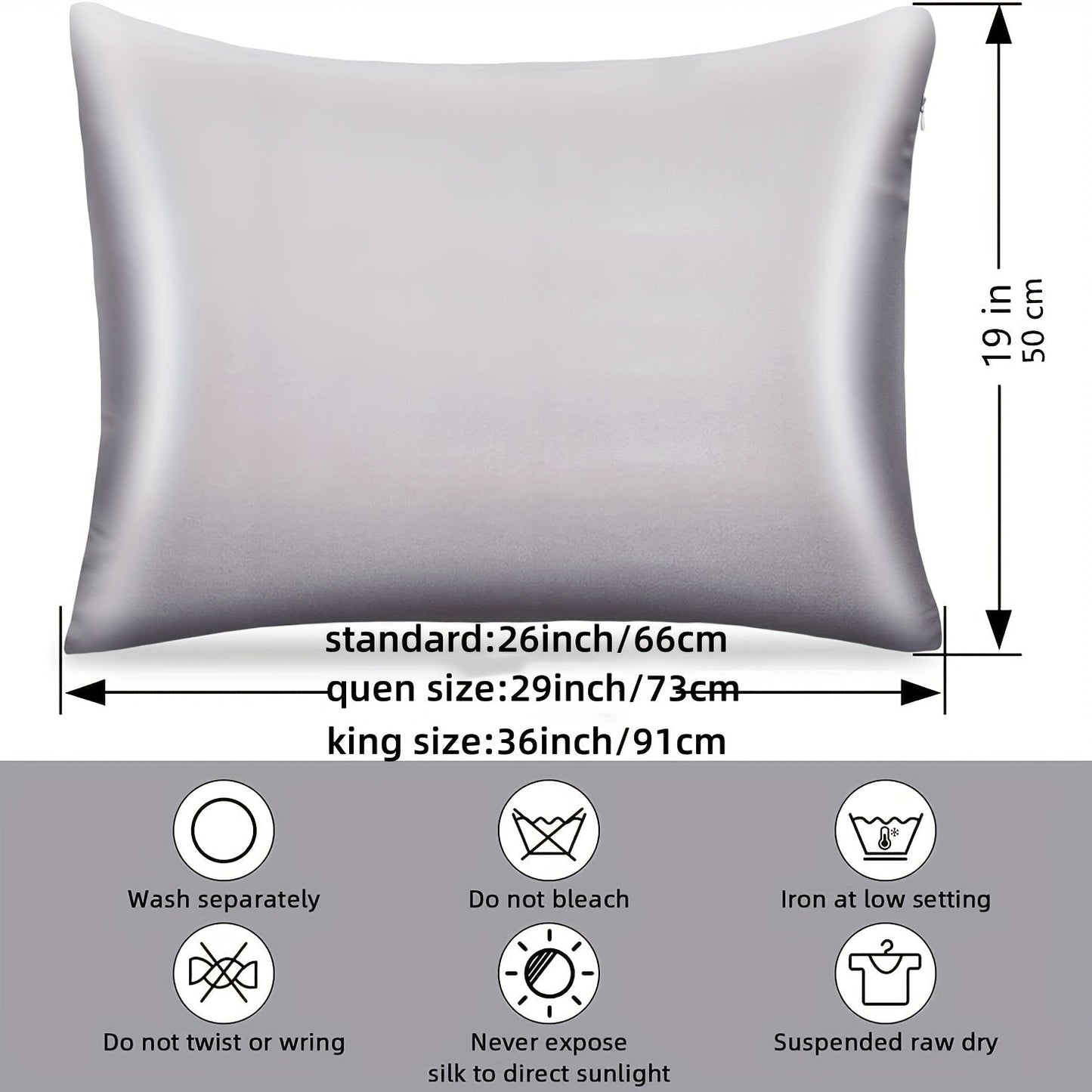 1 piece of 100% Pure Mulberry Silk Pillowcase, 19mm, designed for both hair and skin. Features natural smooth silk on both sides, with a hidden zipper closure. Pillow core not included.