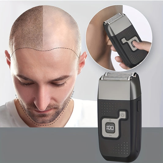 Cordless electric razor for men with USB rechargeable, twin blade beard trimmer, washable shaver, and 1200mAh lithium battery.