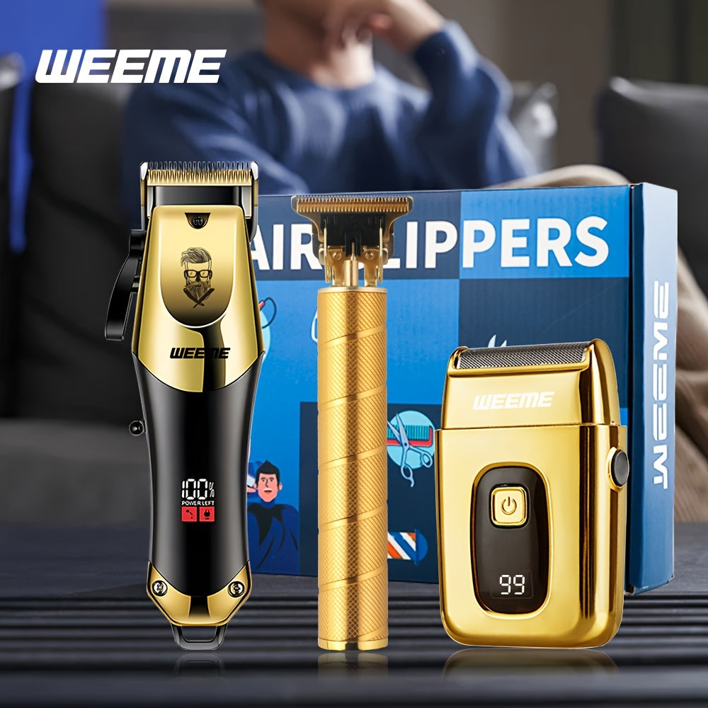 Golden hair cutting set for men includes professional clipper, razor, and trimmer. USB rechargeable with LCD display. Perfect gift for fathers, boyfriends, Father's Day, birthdays, and