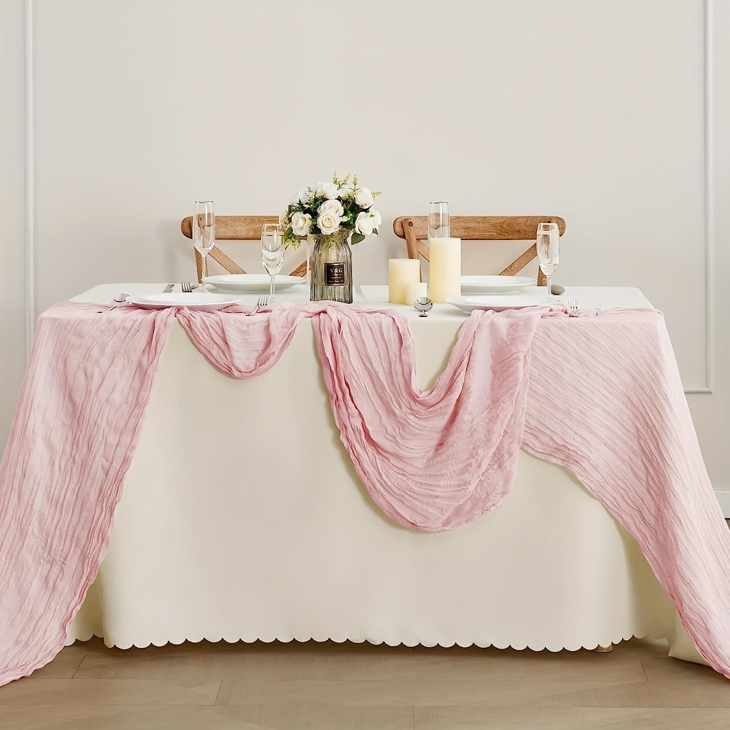 Bohemian gauze table runner for special occasions like weddings, bridal showers, and holidays, in a solid color and woven cheese cloth design.