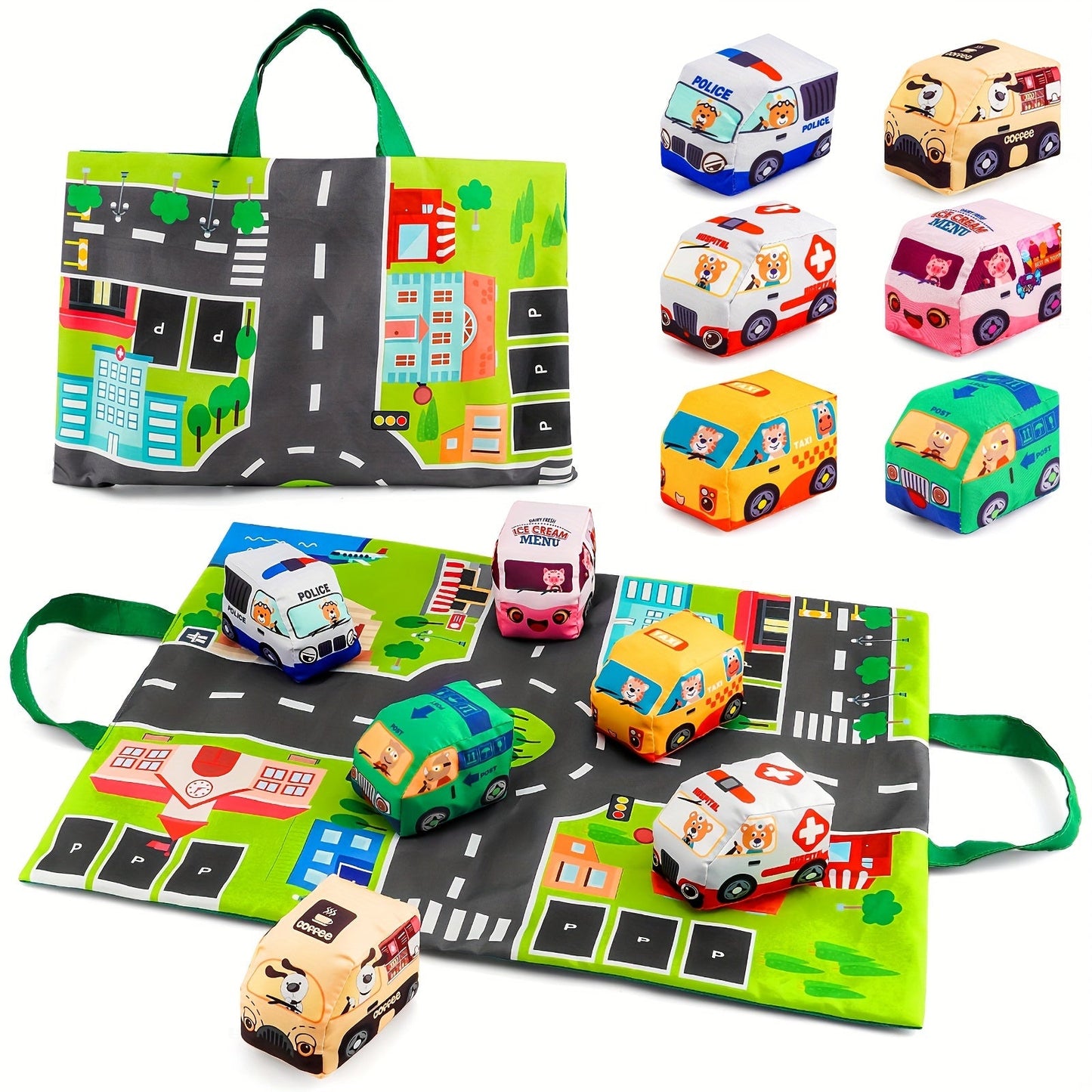 Set of 6 Soft Toy Cars for Toddlers with Play Mat and Storage Bag - Ideal Gift for 1-Year-Olds on Birthdays, Halloween, or Christmas