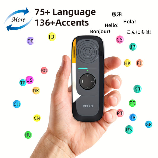 Peiko TR BOX01 Translation Device offers two-way translation in 75+ languages with 136 accents. It is wireless, rechargeable via Type-C, and supports offline use in 11 languages, making it