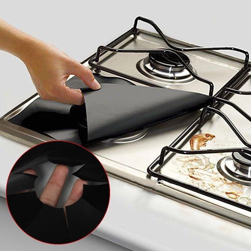 Set of 2 fiberglass stove top protector covers that are non-stick, reusable, waterproof, and easy to cut to fit. No electricity required, perfect for gas stoves in the kitchen.