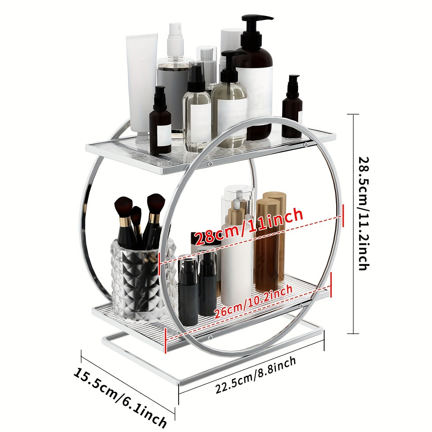 Golden cosmetics storage rack with 2 tiers made of rust-proof cast iron. Large capacity for skincare, lipstick, perfume, and more. Circular design for bathroom and makeup area.