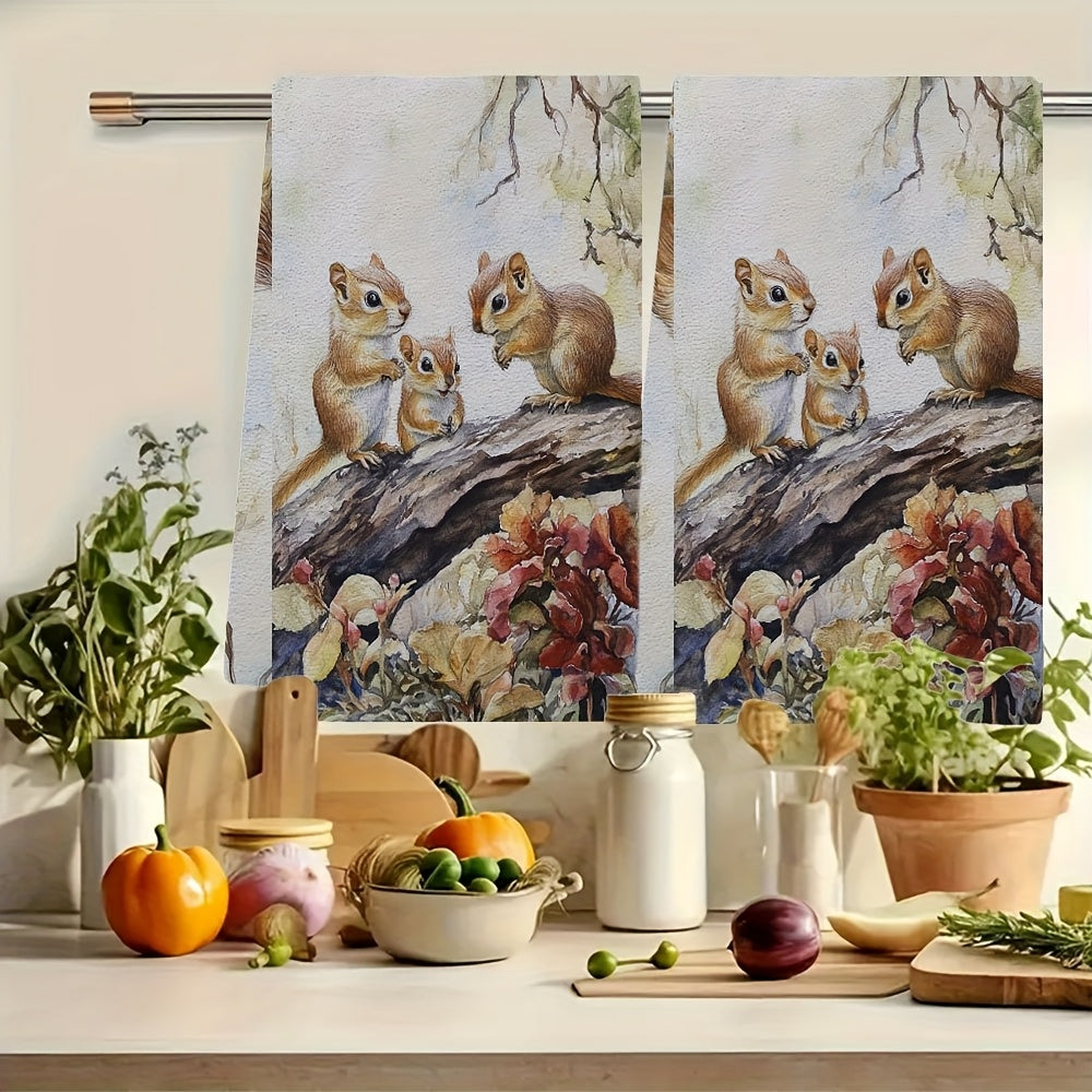 Two pieces of Coastal Style Chipmunk kitchen towels made from super absorbent polyester knit fabric. These towels are machine washable and have a contemporary oblong shape, perfect for holiday decor. Each towel measures 40.64x60.96 cm.