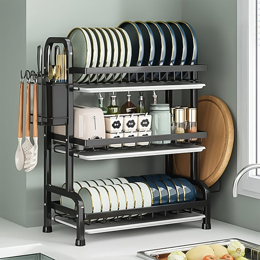 Modern 3-Tier Metal Dish Rack with Drainboard, Kitchen Organizer with Utensil Holder and Cup Stand