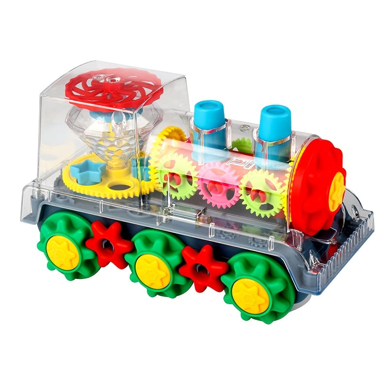 Transparent gear train toy with illuminated musical features and universal rotation capability, includes a stand function. Made from durable plastic with a battery-powered engine and gear linkage. Suitable for children aged 3-6 years old, crafted in