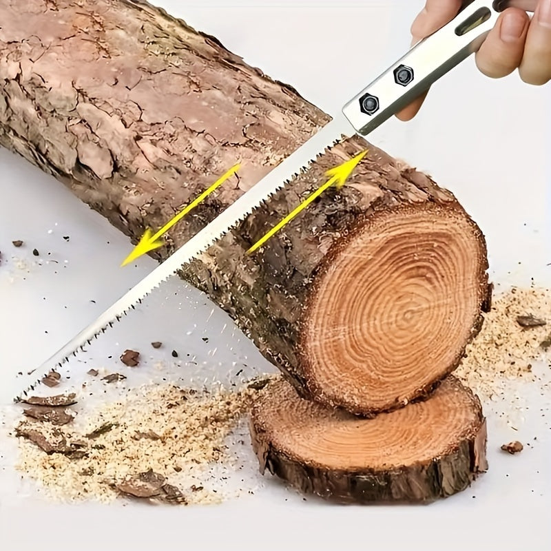 Small hand saw for gardening and logging, ideal for cutting fruit trees with fine tooth blade. Great for woodworking and cocktails.