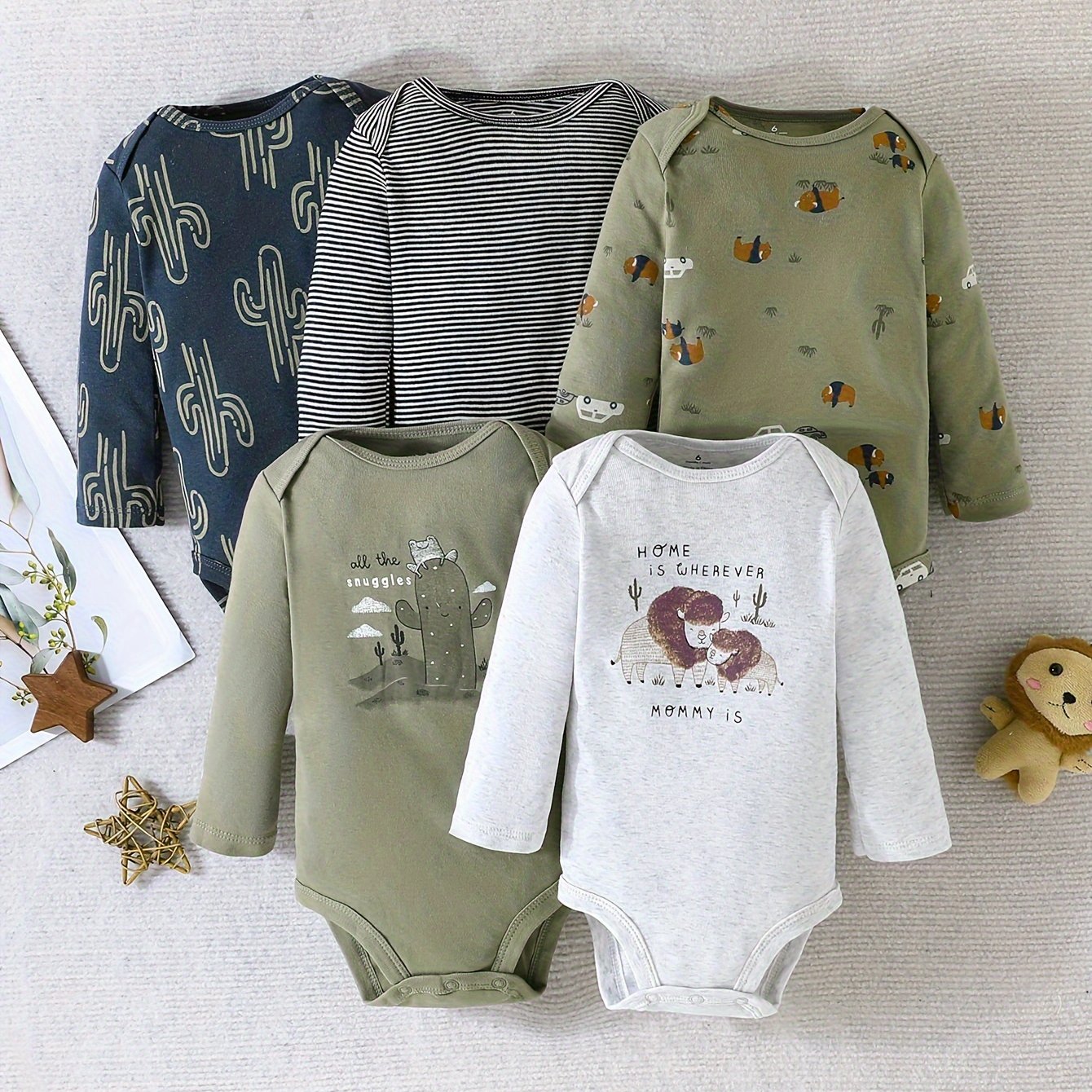 Cactus Pattern Cotton Bodysuit, 5pcs for Baby Boys, Ideal for Spring & Fall Outdoors