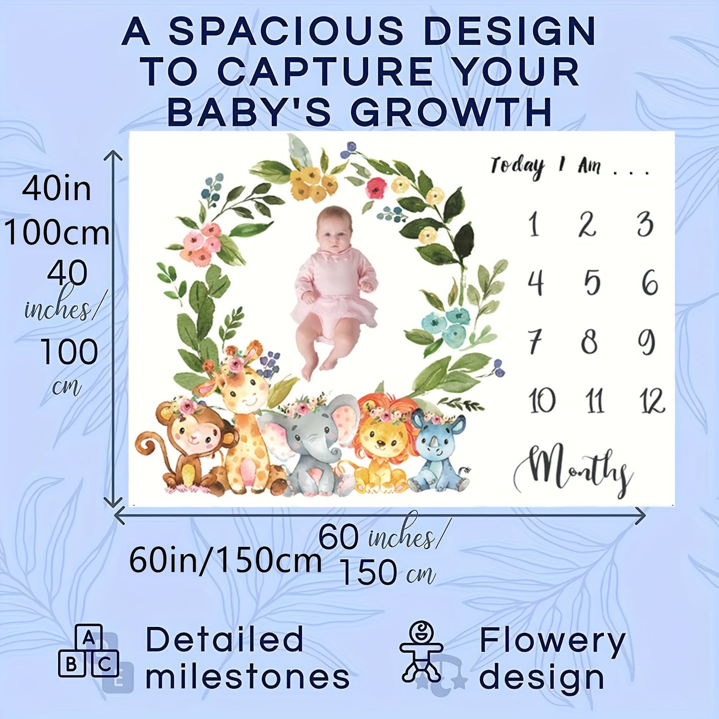 Милый плед для месячных вех для малыша - Идеально для baby shower девочки - Включает в себя фетровую рамку, очаровательных животных и цветочный дизайн - Отличный подарок на Хэллоуин или Рождество