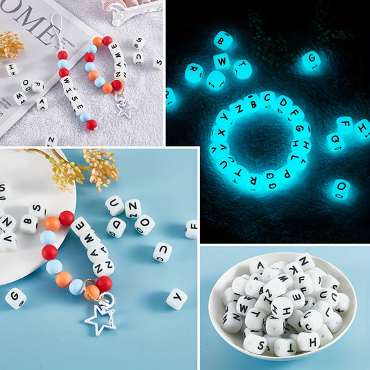 Set of 26 Glow-in-the-Dark Silicone Cube Beads, Includes Alphabet and Number Square Dice Beads, Perfect for DIY Keychain and Jewelry Crafts, Great Gift Option