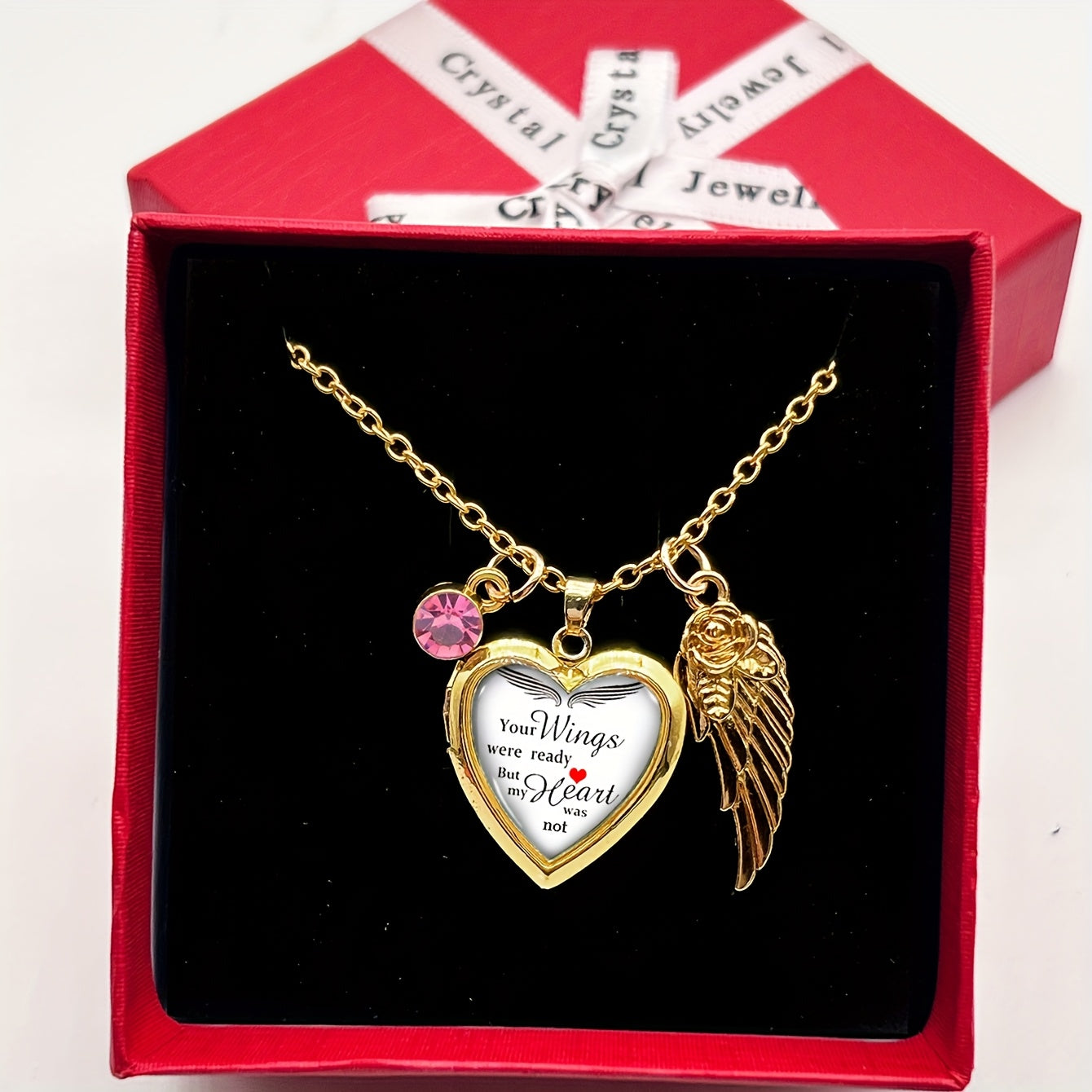 Elegant French-Style Copper Heart & Wing Pendant Necklace with Rhinestone Accents - Perfect for Daily Wear or as an Anniversary Gift. Great for Valentine's Day Surprise. Includes Red Gift Box and Golden Photo Frame.