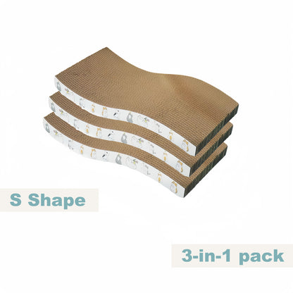 Durable cat scratcher pad made of extra-large corrugated cardboard, reversible with wave pattern, non-slip base, protects furniture and cares for cat's claws.