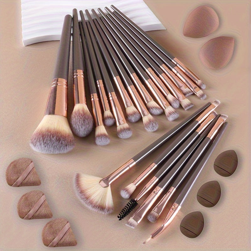 28pc Makeup Brush Set with various brushes for face and eyes, includes beauty sponges and puffs, suitable for all skin types.