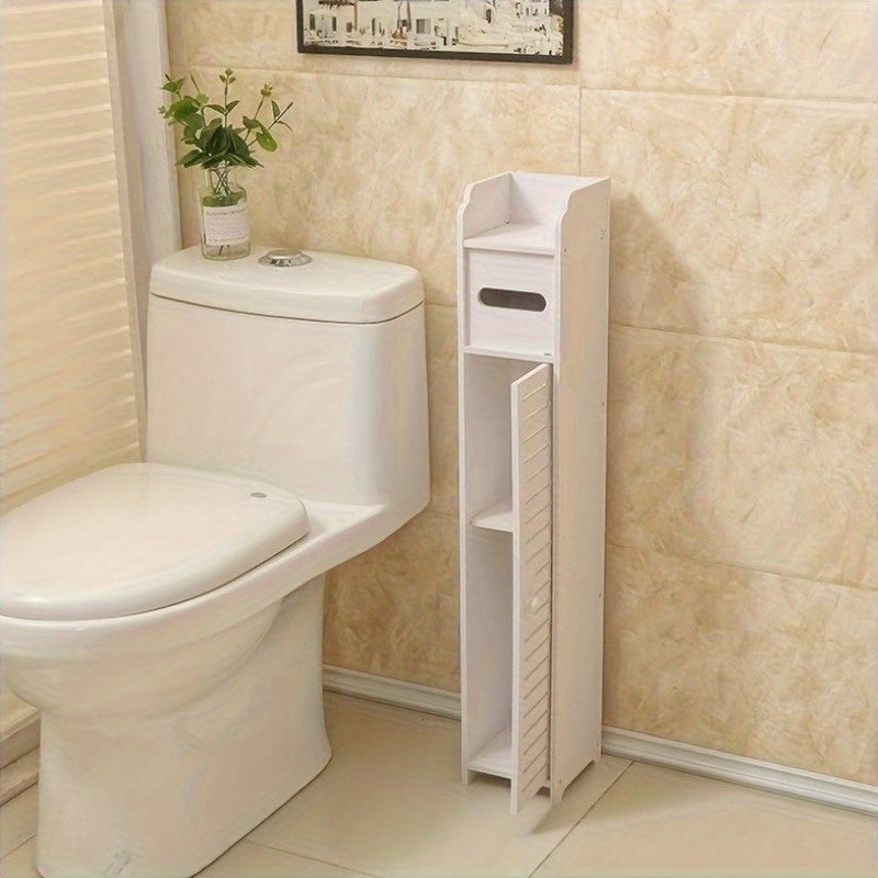 3-tier bathroom storage cabinet with drawers and toilet paper holder. 59.0 cm tall, freestanding, no power needed.