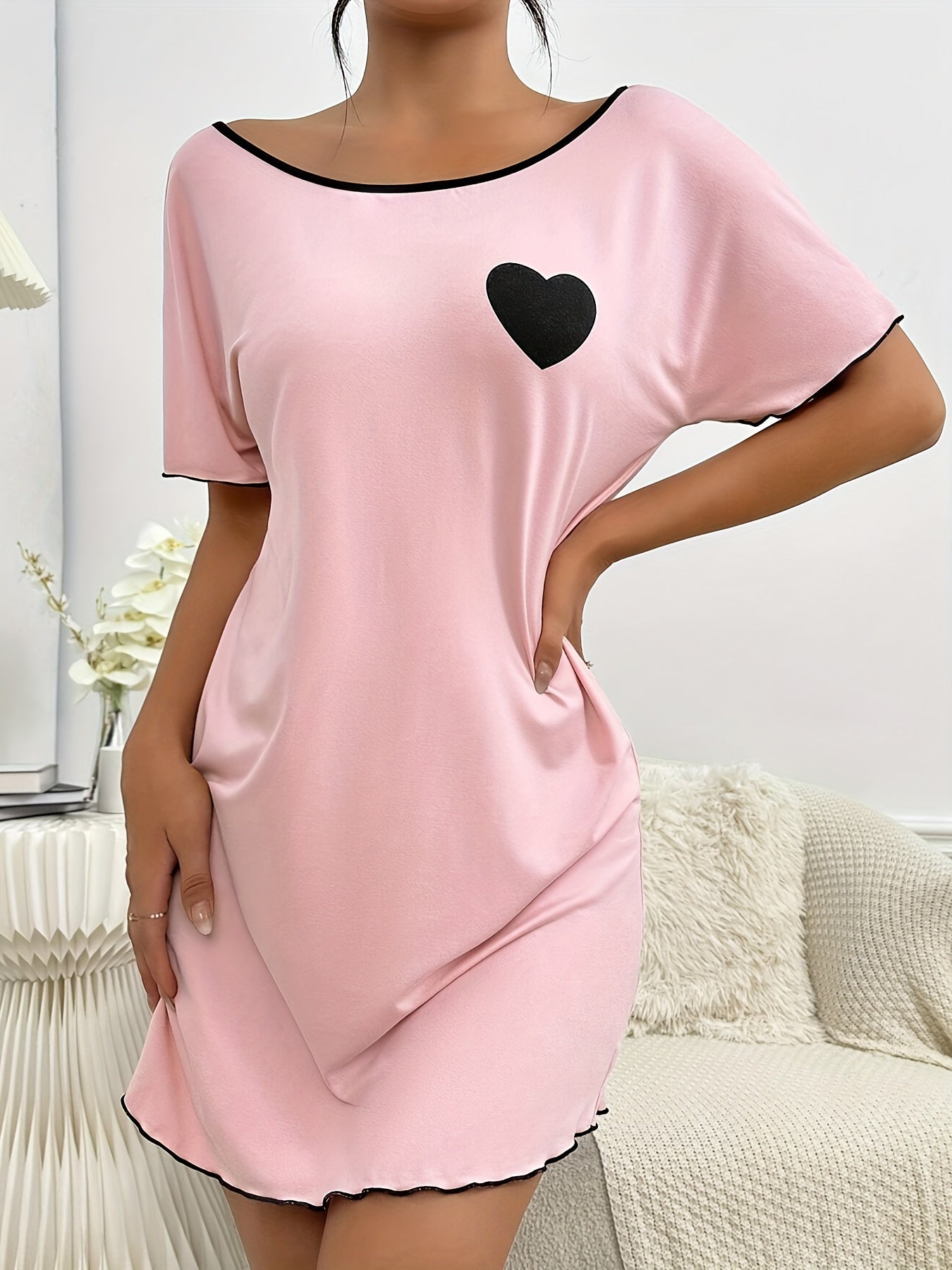 Stylish heart pattern sleep dress for women made of soft blend, round neck, short sleeve, machine washable - versatile for all seasons.